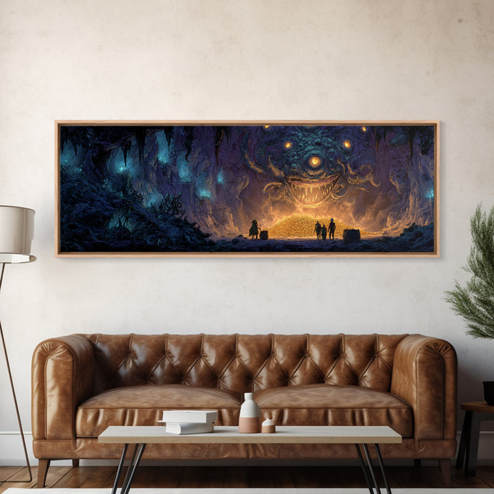 Fantasy Dungeon Scene With Beholder And Adventurers Original Illustration Wall Art Canvas Print For Gamers And Game Room Decor