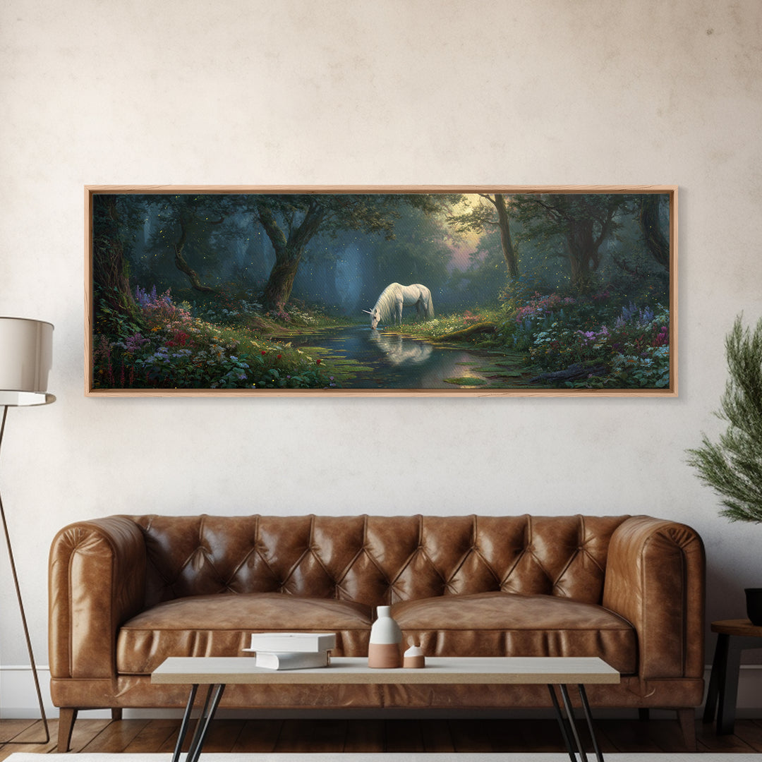 Magical Forest Unicorn Drinking From Stream With Enchanting Light Wall Art Framed Canvas Print For Fantasy Decor Kids Room