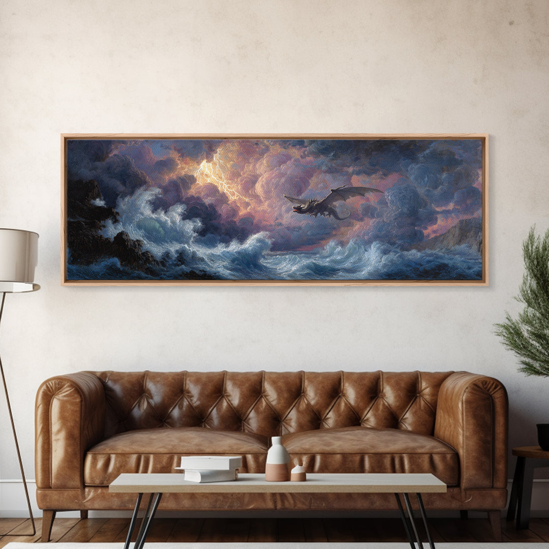 Stormy Seascape With Dragon Emerging From Ocean Waves Fantasy Wall Art Framed Canvas Print For Living Room Decor