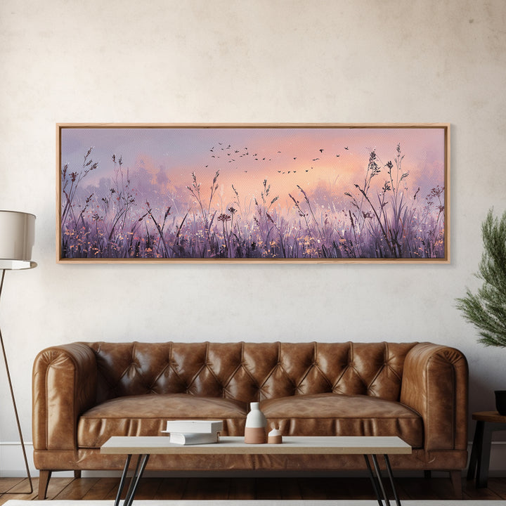 Lavender Wildflower Meadow At Sunset Wall Art, Pastel Nature Wall Decor, Calming Bedroom Decor, Large Horizontal Canvas Print