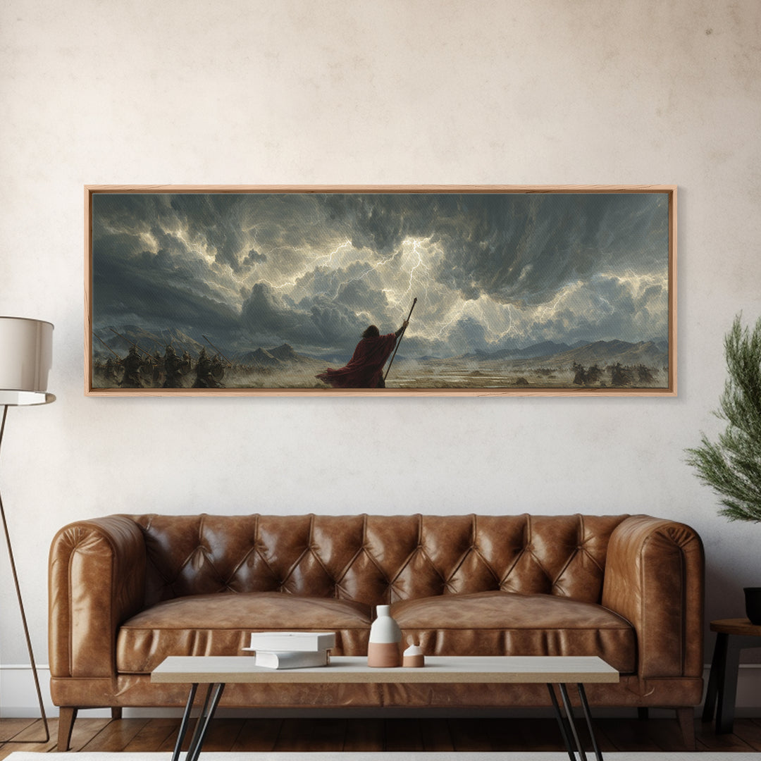 Epic Battle With Lightning Strike And Armored Warriors Fantasy Wall Art Canvas Print For Dramatic Home Decor And Gaming Room