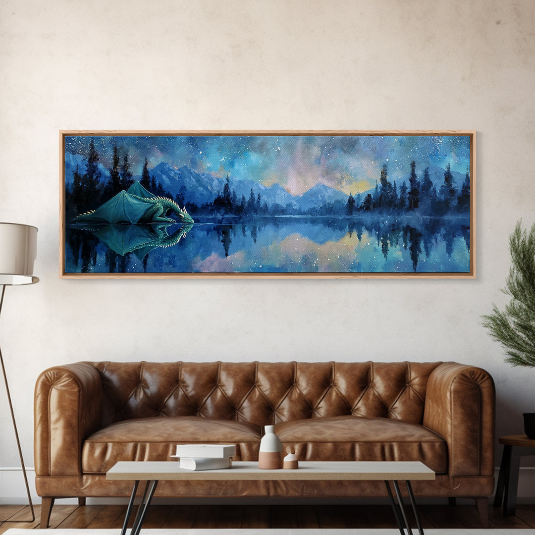 Serene Dragon By Moonlight Drinking From Crystal Lake Amid Starry Sky Framed Canvas Print Fantasy Wall Art