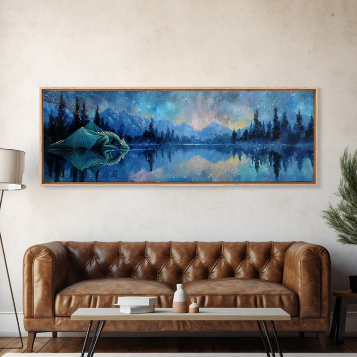Serene Dragon By Moonlight Drinking From Crystal Lake Amid Starry Sky Framed Canvas Print Fantasy Wall Art