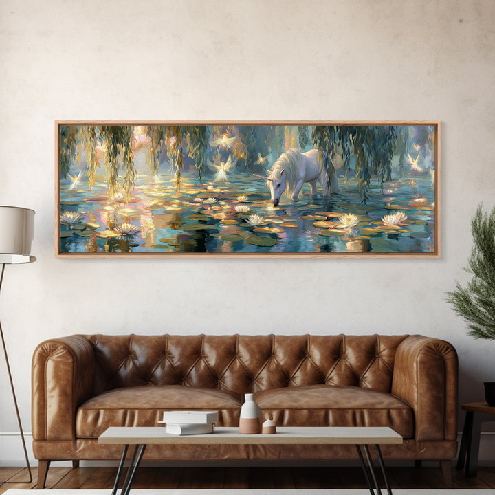 Fairy Tale Unicorn In Ethereal Lily Pond With Glowing Fairies - Whimsical Wall Art Framed Canvas Print For Nursery And Bedroom Decor