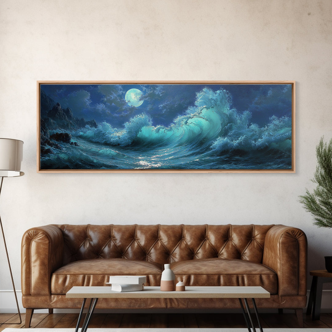 Wave Crash Under Moonlight Oil Painting Wall Art Moody Seascape Canvas Print For Coastal Living Room Decor