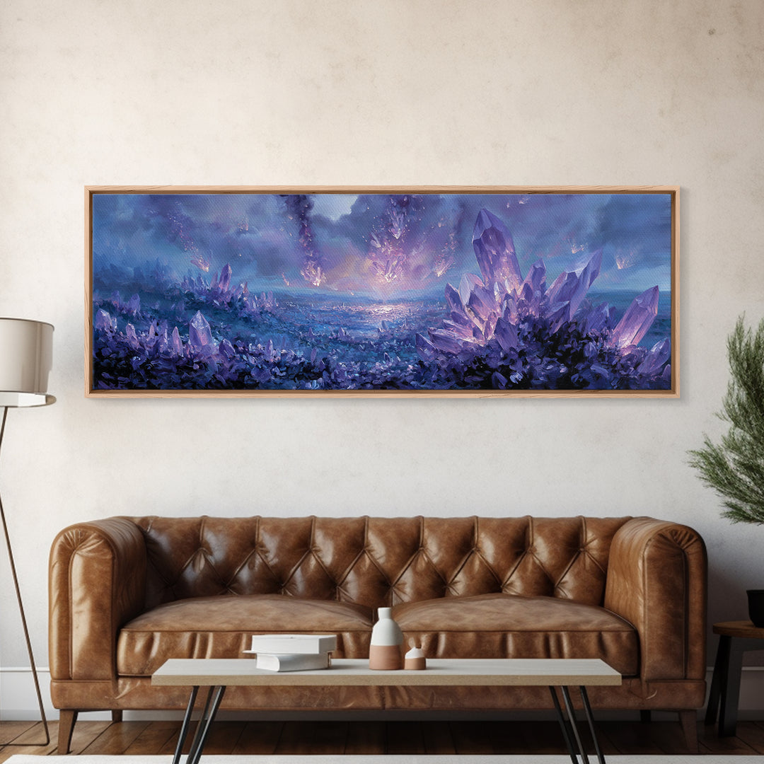 Mystical Purple Crystal Landscape With Falling Crystals Wall Art Framed Canvas Print For Unique Home Decor