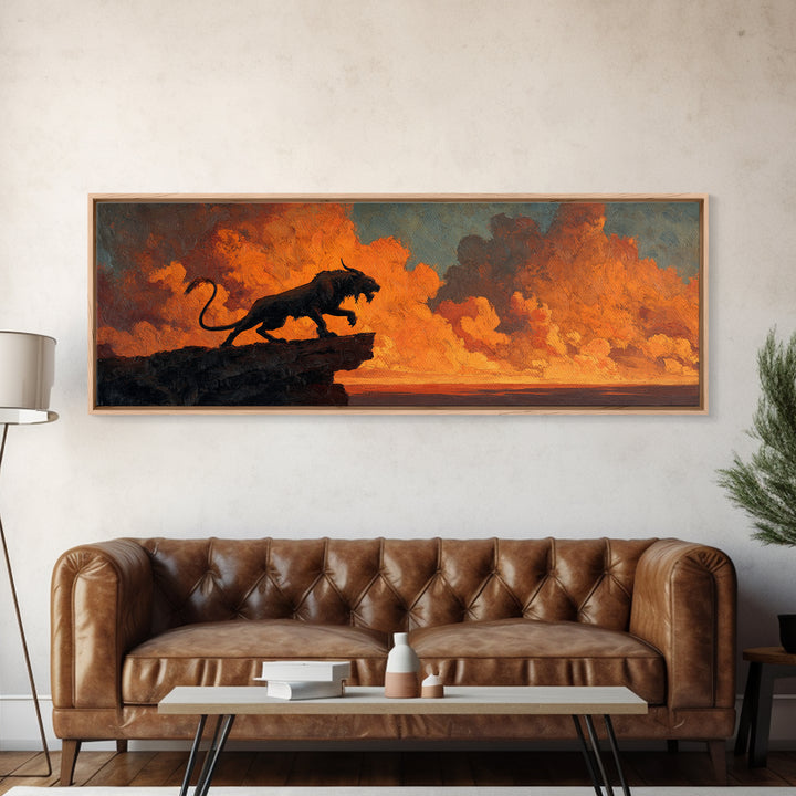 Dramatic Black Panther Silhouette Against Fiery Sunset Sky Landscape Canvas Print For Unique Wall Art Decor