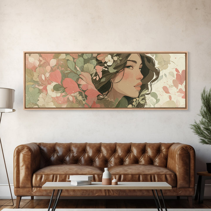 Floral Woman Portrait With Green Leaves Wall Art, Modern Feminine Botanical Decor, Boho Bedroom Decor, Framed Canvas Print