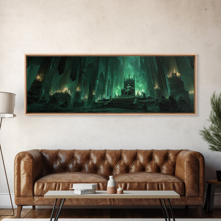 Green Fantasy Gothic Cathedral Throne Room Dark Artwork Wall Art Canvas Print Moody Gothic Home Decor