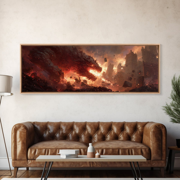 Epic Fiery Dragon Breathing Flames Amidst A Burning City Fantasy Wall Art Canvas Print For Modern Home Decor And Gaming Rooms