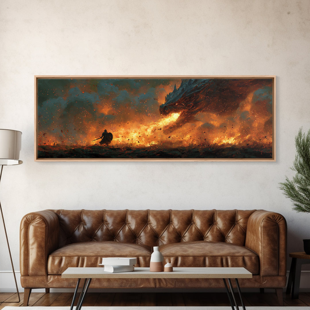 Fiery Viking Warrior Fighting Dragon Epic Fantasy Wall Art Framed Canvas Print For Dramatic Home Decor Gift