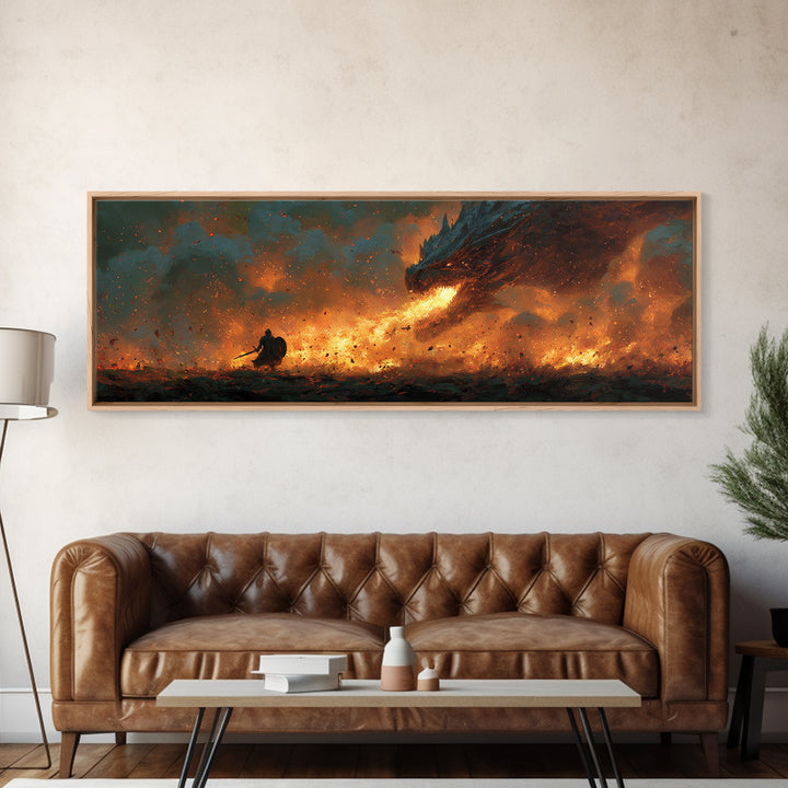 Fiery Viking Warrior Fighting Dragon Epic Fantasy Wall Art Framed Canvas Print For Dramatic Home Decor Gift