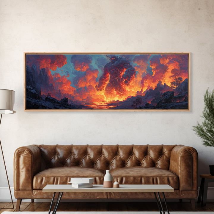 Medieval Fantasy Scene With Warrior And Dragon On Castle Overlooking Misty Mountains Sunset Large Canvas Print Wall Art