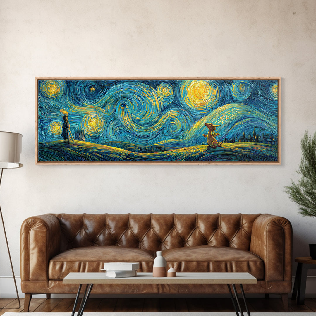 Whimsical Starry Night Inspired Canvas Print With Playful Dragon And Knight In Vibrant Blues And Yellows Unique Wall Art For Kids Room And Fantasy Decor