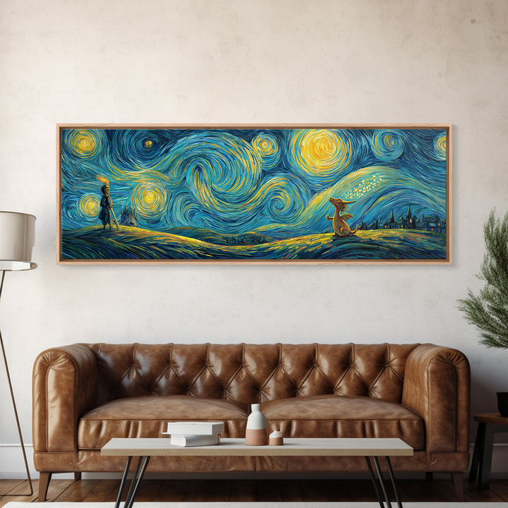 Whimsical Starry Night Inspired Canvas Print With Playful Dragon And Knight In Vibrant Blues And Yellows Unique Wall Art For Kids Room And Fantasy Decor