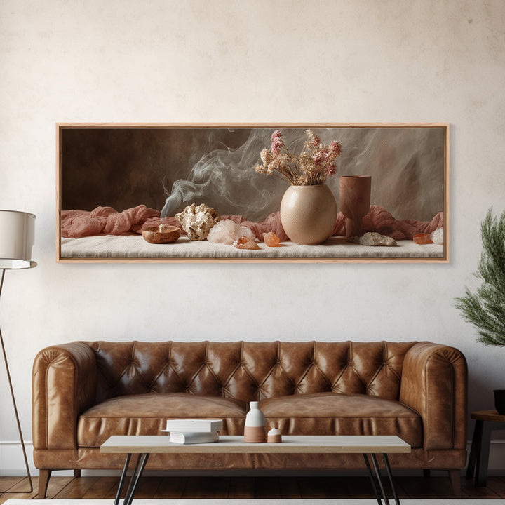 Smoky Crystals And Dried Flowers Framed Canvas Print, Zen Spa Wall Art, Neutral Boho Decor, Meditation Room Gift For Her