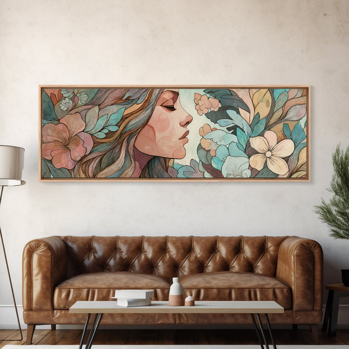Art Nouveau Woman With Teal Florals Wall Art, Feminine Botanical Canvas Print, Boho Bedroom Decor, Living Room Decor, Gift For Her