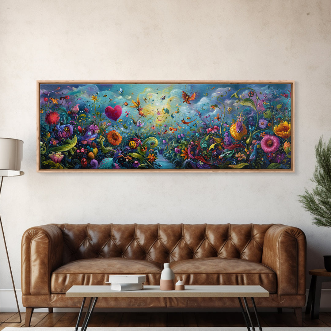 Ethereal Mystical Landscape With Cloud Giant Looming Over Young Boy Wall Art Framed Canvas Print For Inspirational Decor