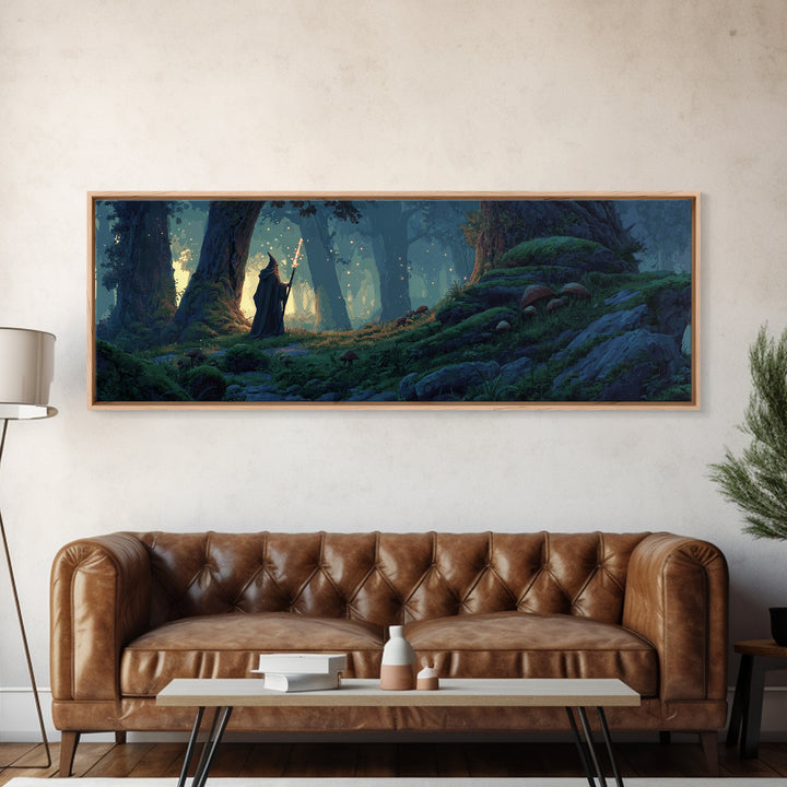 Epic Mountain Landscape With Wizard Wand Fantasy Wall Art Canvas Print Dramatic Home Decor Large Original Painting