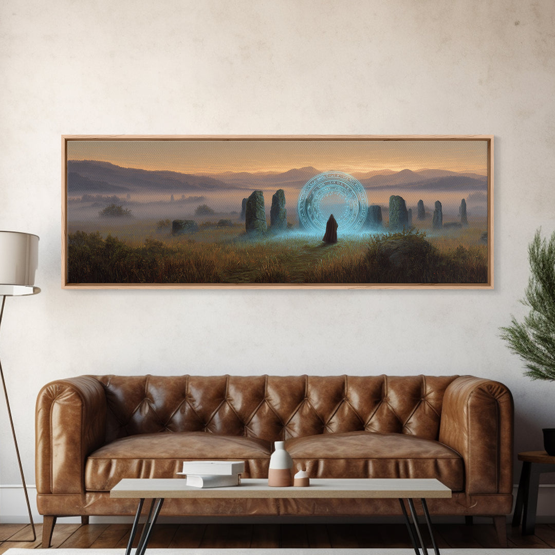 Mystical Wizard Standing Before Ancient Stone Circle With Glowing Magic Portal Fantasy Canvas Print Wall Art