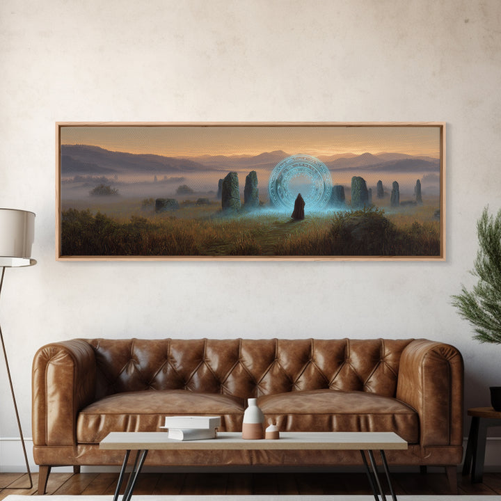 Mystical Wizard Standing Before Ancient Stone Circle With Glowing Magic Portal Fantasy Canvas Print Wall Art