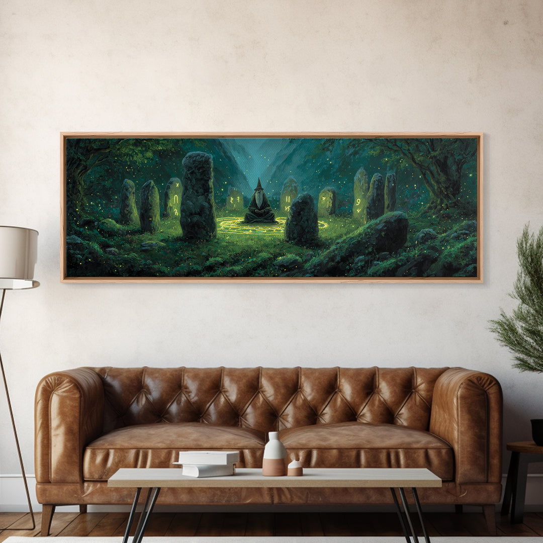 Fantasy Magician Meditating Among Ancient Stones Spellcasting Abstract Wall Art Canvas Print For Magical Decor