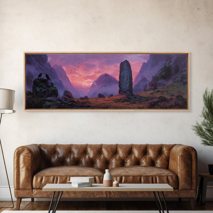 Mystical Landscape With Runes Stone Monolith And Magical Symbols At Dusk Fantasy Art Large Wall Art Canvas Print