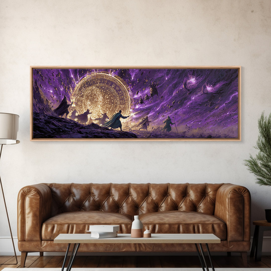 Epic Fantasy Battle Scene With Mages Creating Magical Barrier Against Creatures Wall Art Canvas Print
