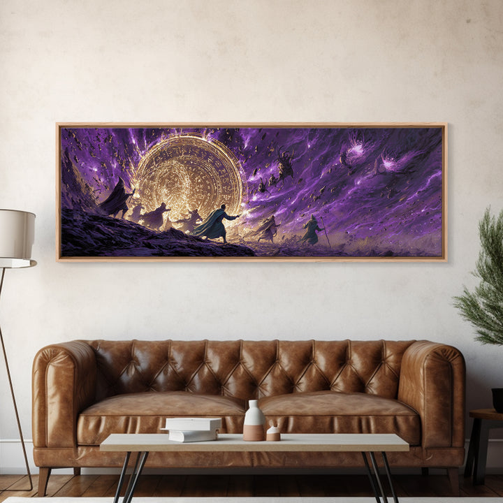 Epic Fantasy Battle Scene With Mages Creating Magical Barrier Against Creatures Wall Art Canvas Print