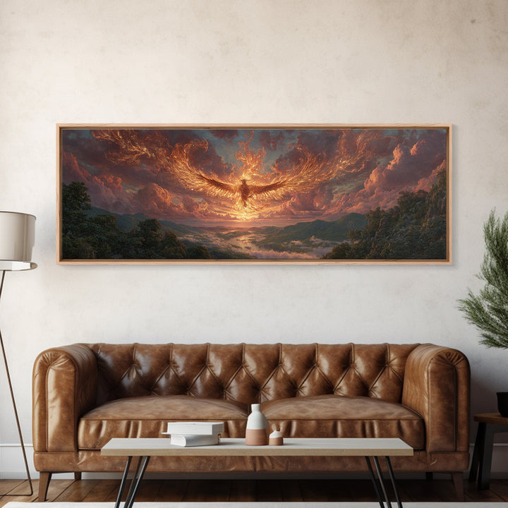 Majestic Phoenix Rising Over Scenic Valley Dramatic Sunset Landscape Canvas Print Modern Wall Art