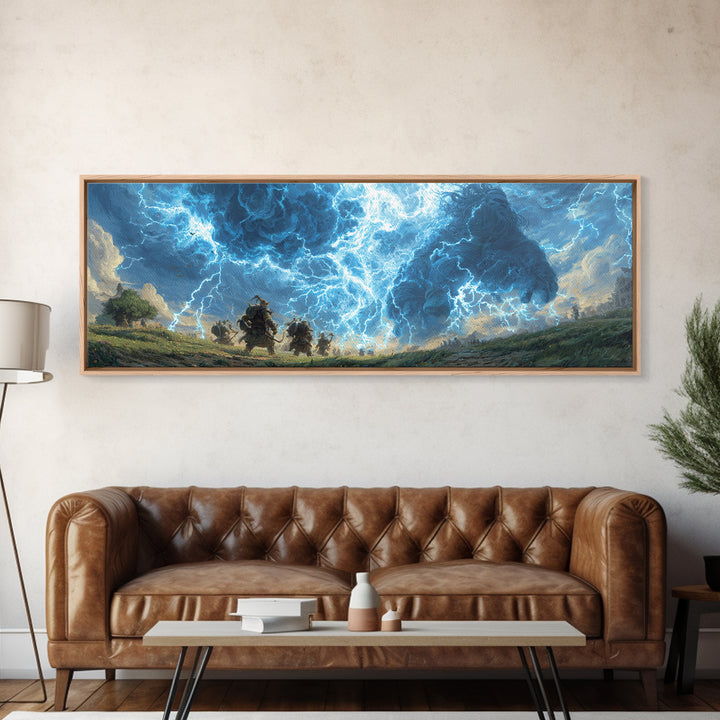 Epic Fantasy Battle Art Depicting Warriors Facing Giant Made Of Stormy Clouds Canvas Print