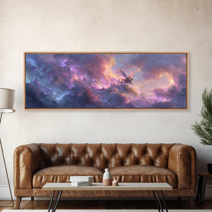 Epic Fantasy Sky Battle With Winged Warrior Dragons And Light Magic Canvas Print Large Wall Art For Fantasy Decor