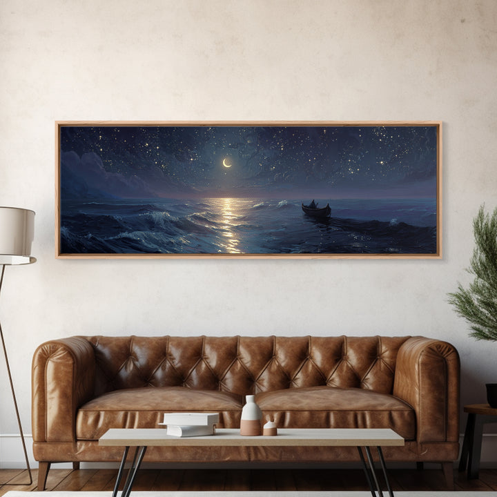 Serene Night Ocean Scene With Boat And Crescent Moon Under Starry Sky Wall Art Modern Coastal Decor Canvas Print
