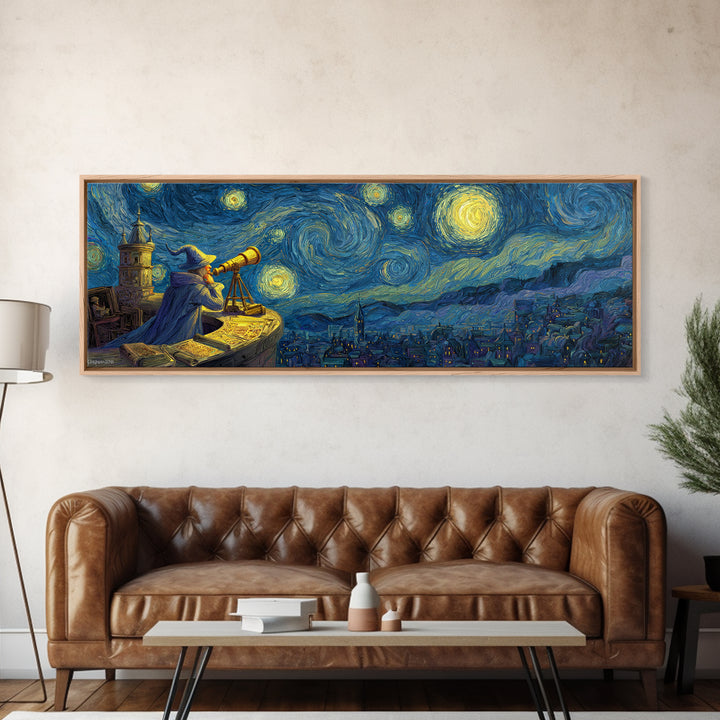 Starry Night Sky Over Town With Wizard And Telescope Classic Van Gogh Style Wall Art Framed Canvas Print