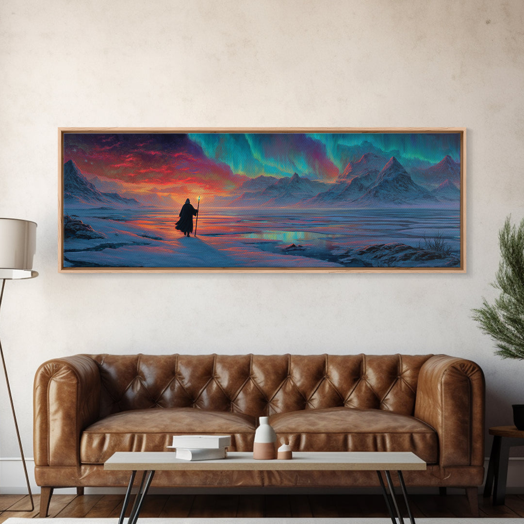 Wanderer Under Northern Lights Canvas Print, Aurora Borealis Wall Art, Arctic Mountain Landscape, Celestial Fantasy Decor
