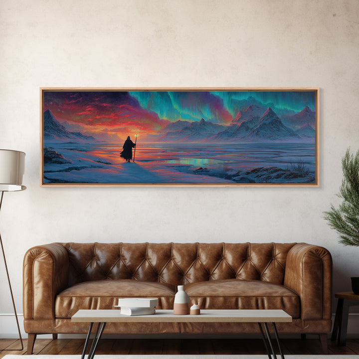 Wanderer Under Northern Lights Canvas Print, Aurora Borealis Wall Art, Arctic Mountain Landscape, Celestial Fantasy Decor