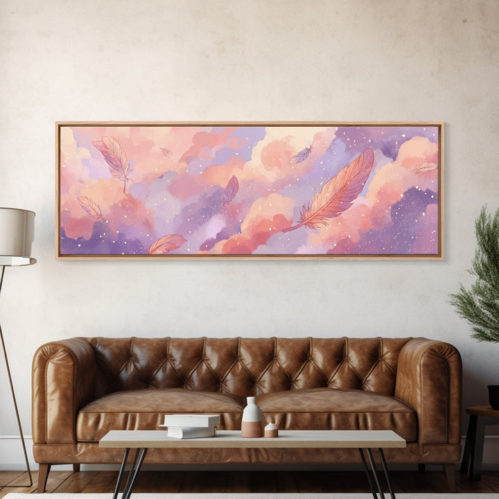 Pastel Dream Clouds And Floating Feathers Canvas Print, Whimsical Wall Art, Celestial Nursery Decor, Soft Pink Bedroom Art
