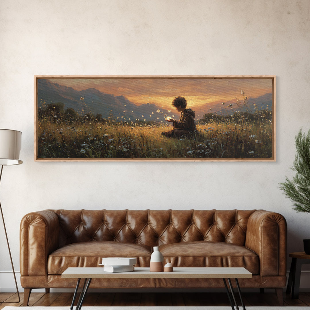 Young Boy In Field Holding Glowing Magical Lights Surrounded By Wildflowers Wall Art Canvas Print