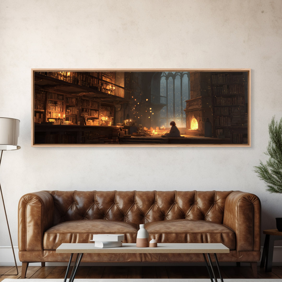 Warm Cozy Library Scene With Child Reading By Fireplace - Charming Home Decor Wall Art Framed Canvas Print For Study Rooms