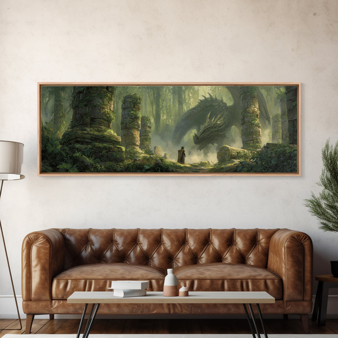Ancient Forest With Massive Dragon Resting Amidst Ruins - Fantasy Wall Art Framed Canvas Print For Magical And Whimsical Decor