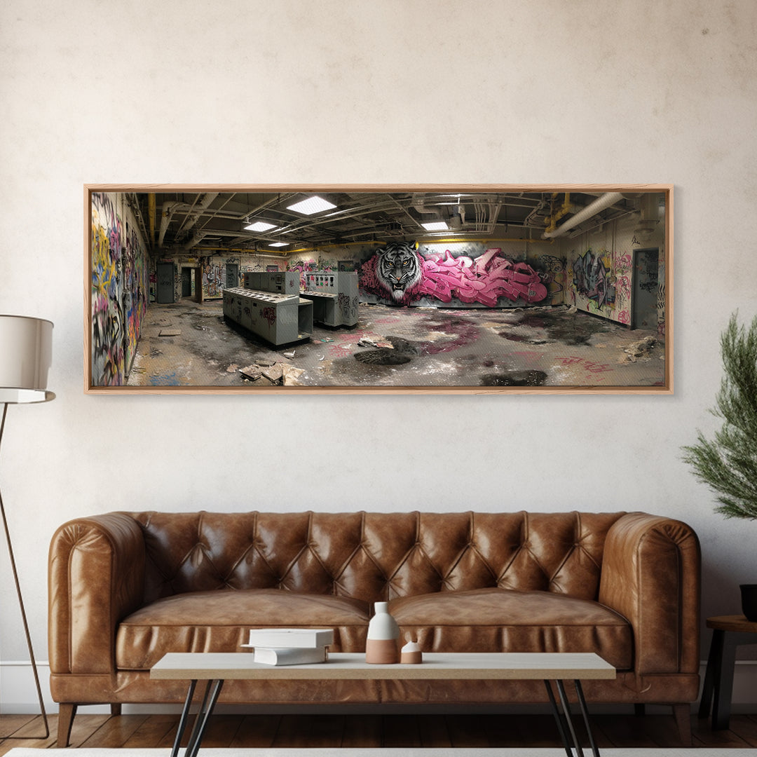 Abandoned Graffiti Room Urban Wall Art Framed Canvas Print With Decayed Interior And Graffiti Street Art Home Decor