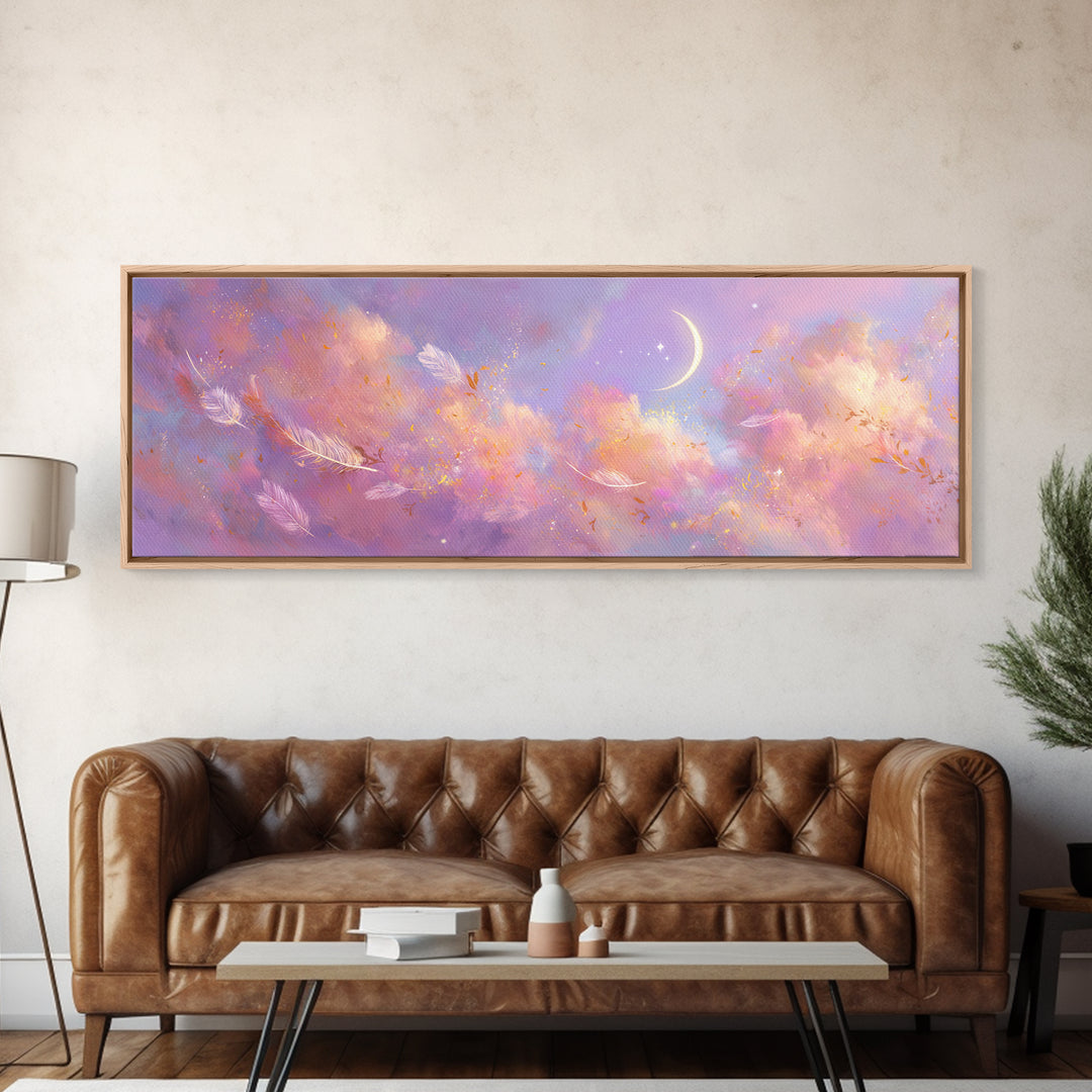 Crescent Moon Feathers In Lavender Sky Wall Art, Celestial Canvas Print, Whimsical Decor, Calming Bedroom Art, Gift For Her