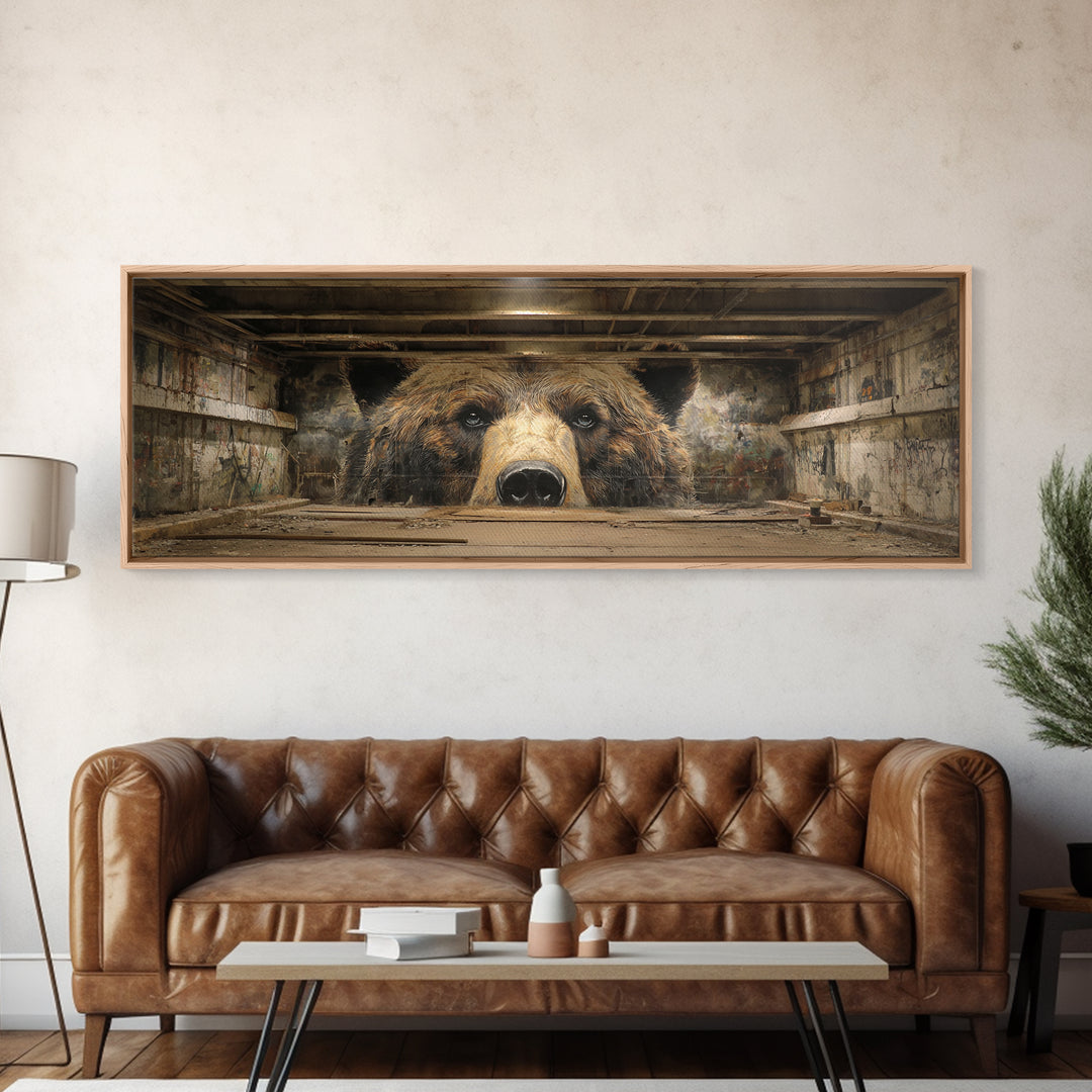 Realistic Bear Mural In Urban Setting Large Wall Art Framed Canvas Print For Man Cave Decor And Wildlife Gift