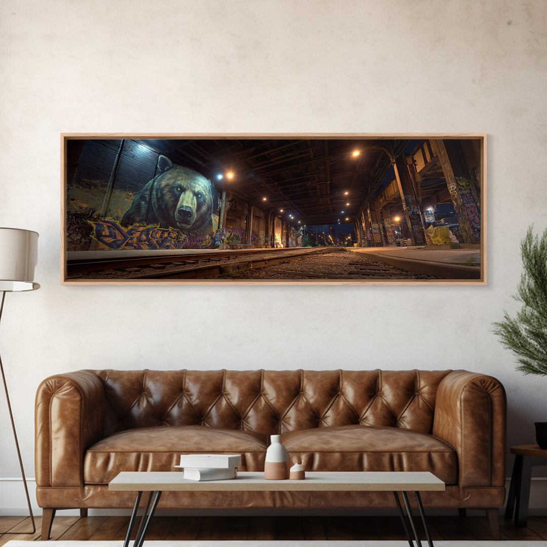 Urban Bear Mural Underpass Wall Art, Graffiti Street Art Print, Industrial Decor, Modern Office Wall Decor Canvas Gift For Him