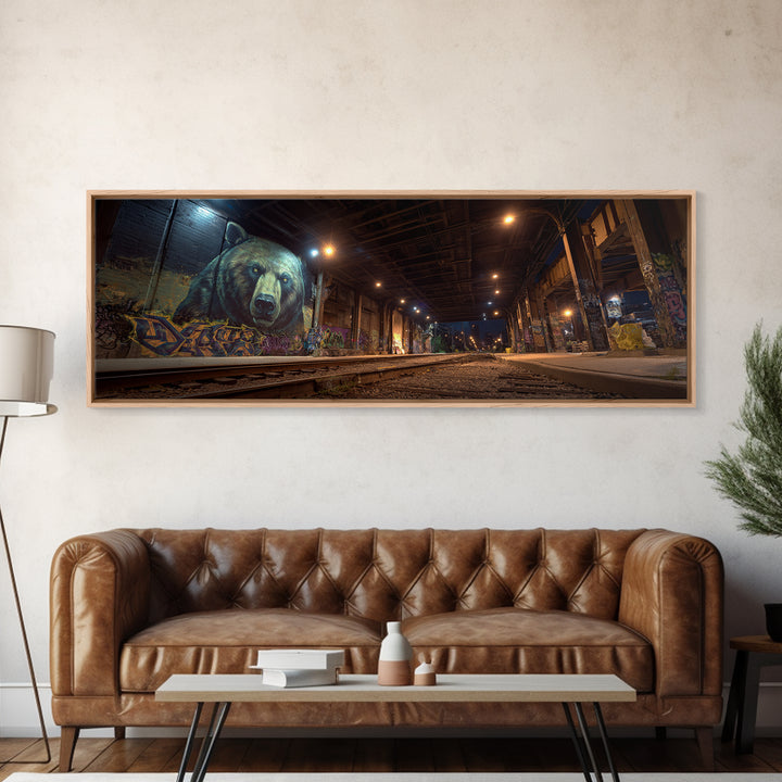 Urban Bear Mural Underpass Wall Art, Graffiti Street Art Print, Industrial Decor, Modern Office Wall Decor Canvas Gift For Him