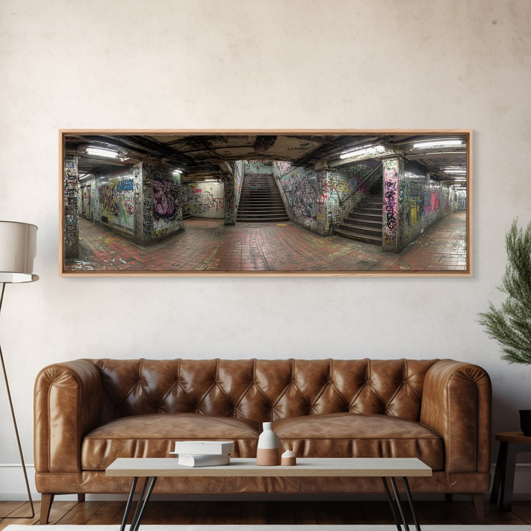 Grungy Spacious Subway Staircase Graffiti Urban Loft Wall Art - Framed Canvas Print, Modern Wall Art, Urban Decor, Trending Wall Art Gift