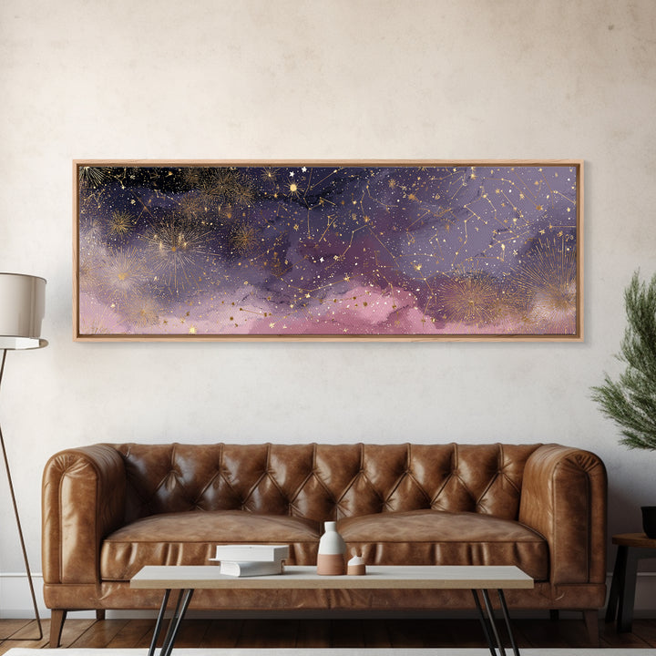 Golden Stars And Constellations In Moody Night Sky Wall Art, Celestial Canvas Print, Dark Academia Decor, Mystical Bedroom Art