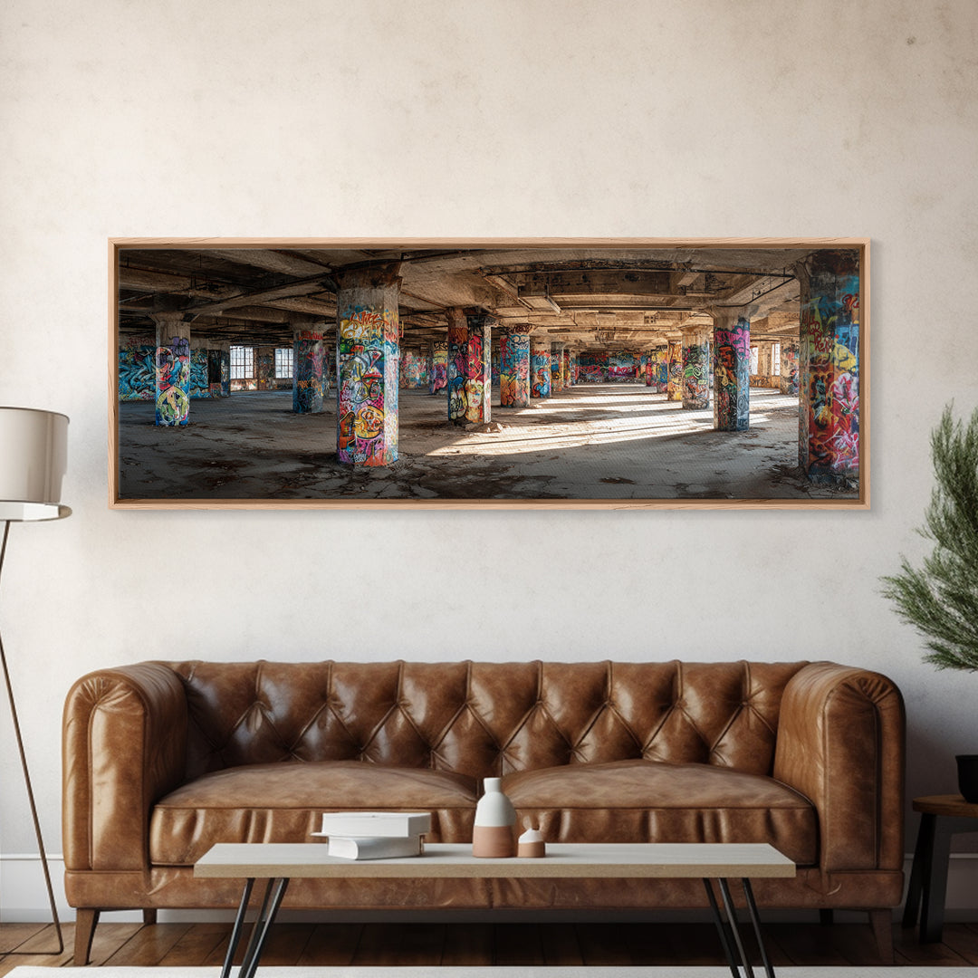 Rustic Urban Abandoned Building Interior With Graffiti Artwork Wall Art Canvas Print Large Industrial Style Decor For Funky Apartment Or Loft Wall