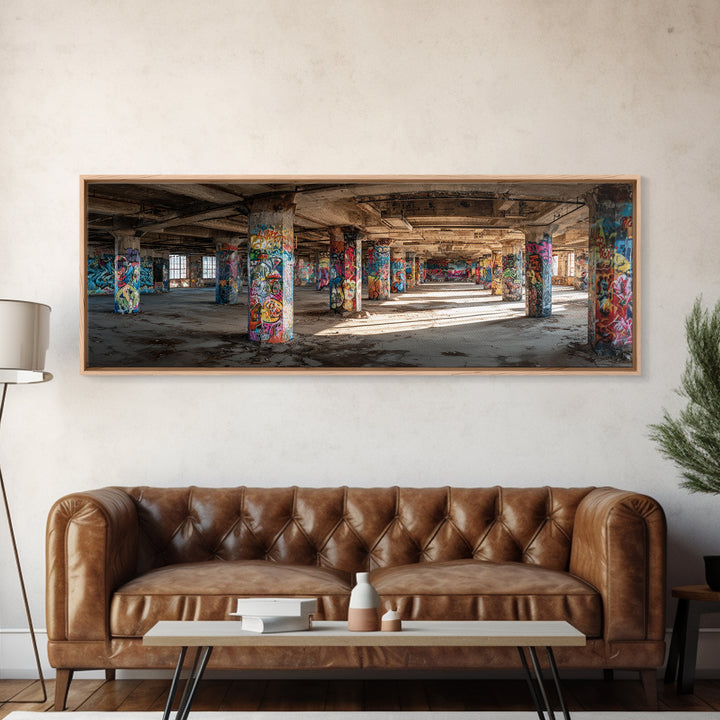 Rustic Urban Abandoned Building Interior With Graffiti Artwork Wall Art Canvas Print Large Industrial Style Decor For Funky Apartment Or Loft Wall