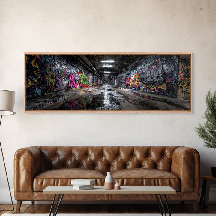 Graffiti Covered Underground Tunnel Wall Art, Urban Street Art Print, Modern Industrial Decor, Colorful Cityscape Canvas